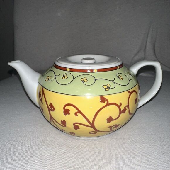 PIER 1 Teapot Cup Set And 3 Piece Cup Set Yellow Burgundy Green Ceramic EUC - Picture 7 of 8